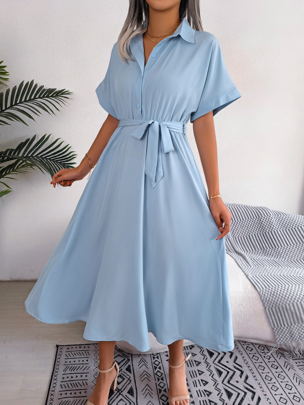 Short Sleeve Collared Tie Belt Dress - Blushé Belle