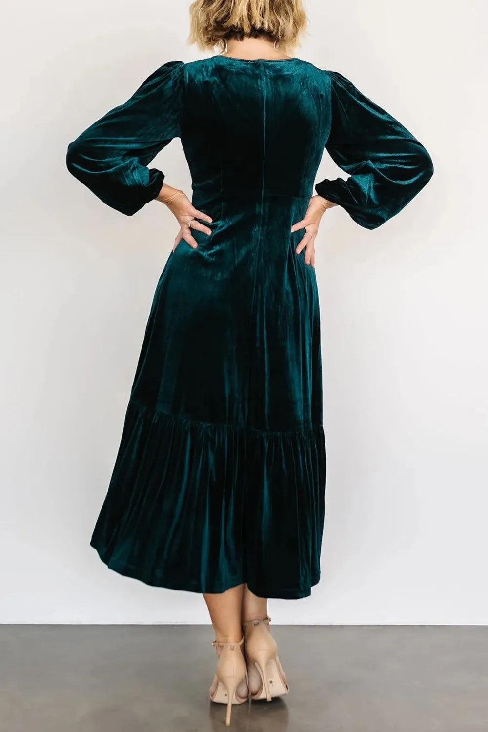 V-Neck Long Sleeve Midi Velvet Dress - Blushé Belle
