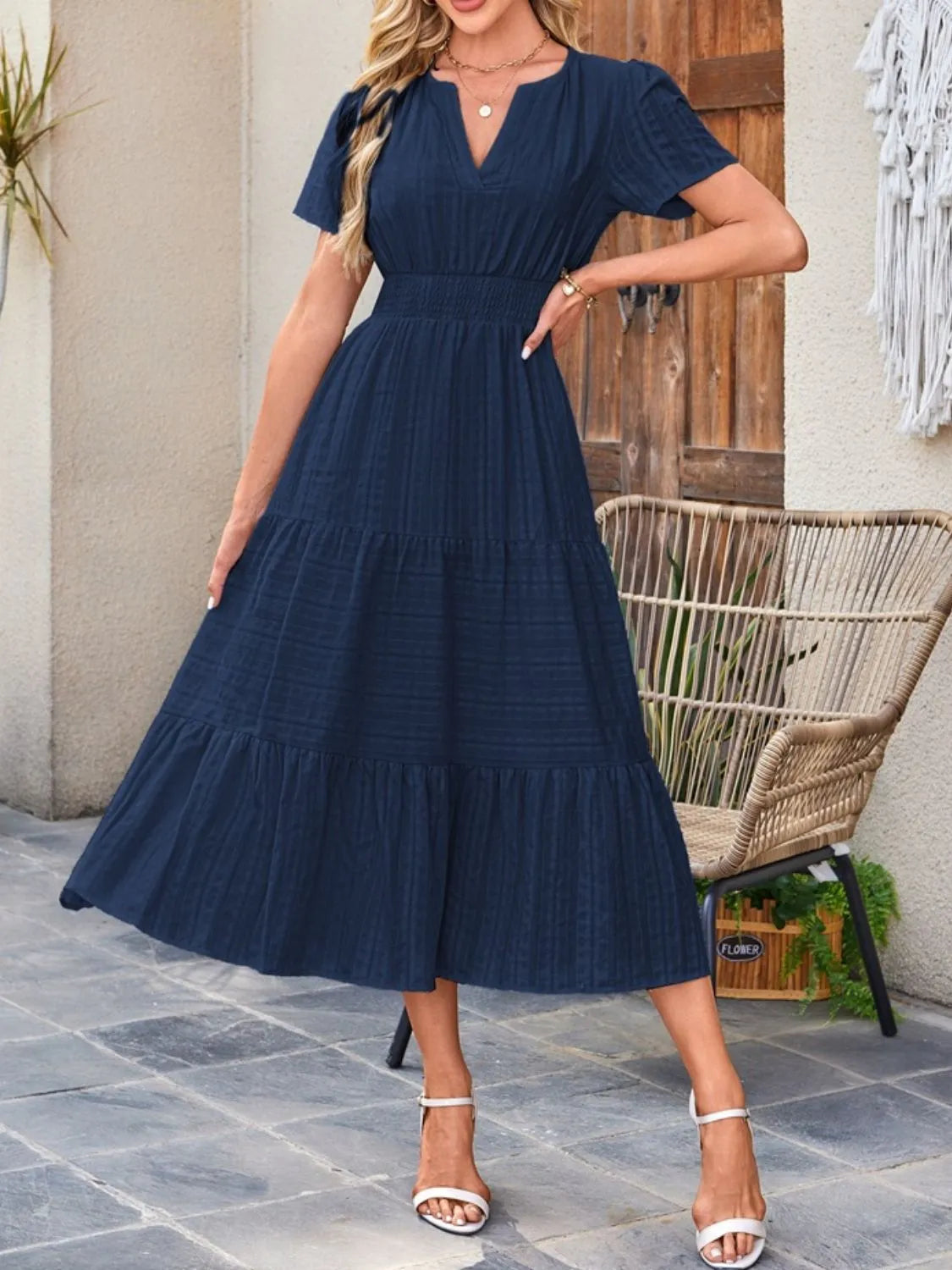 Tiered Notched Short Sleeve Dress - Blushé Belle