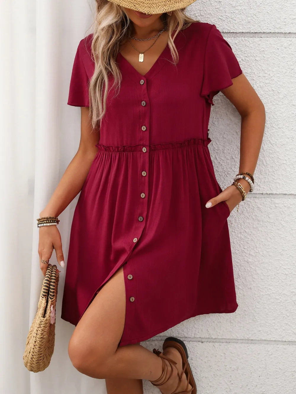 Button Front Flutter Sleeve Dress - Blushé Belle
