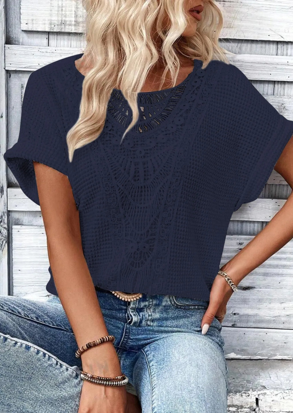 Crochet Lace Short Sleeve Casual T-Shirt - Blushé Belle