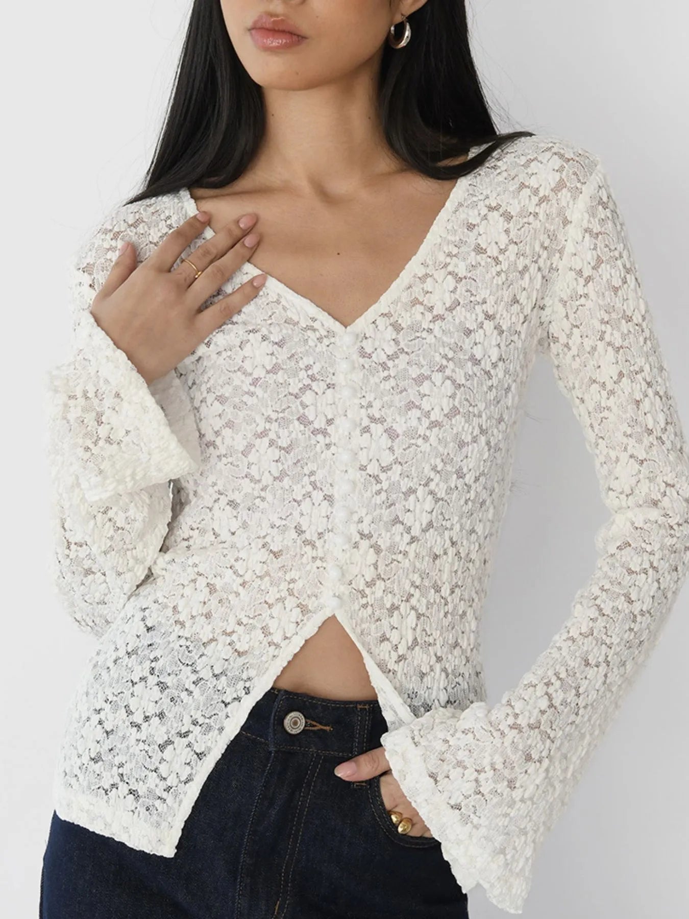 Lace V-Neck Flare Sleeve T-Shirt - Blushé Belle
