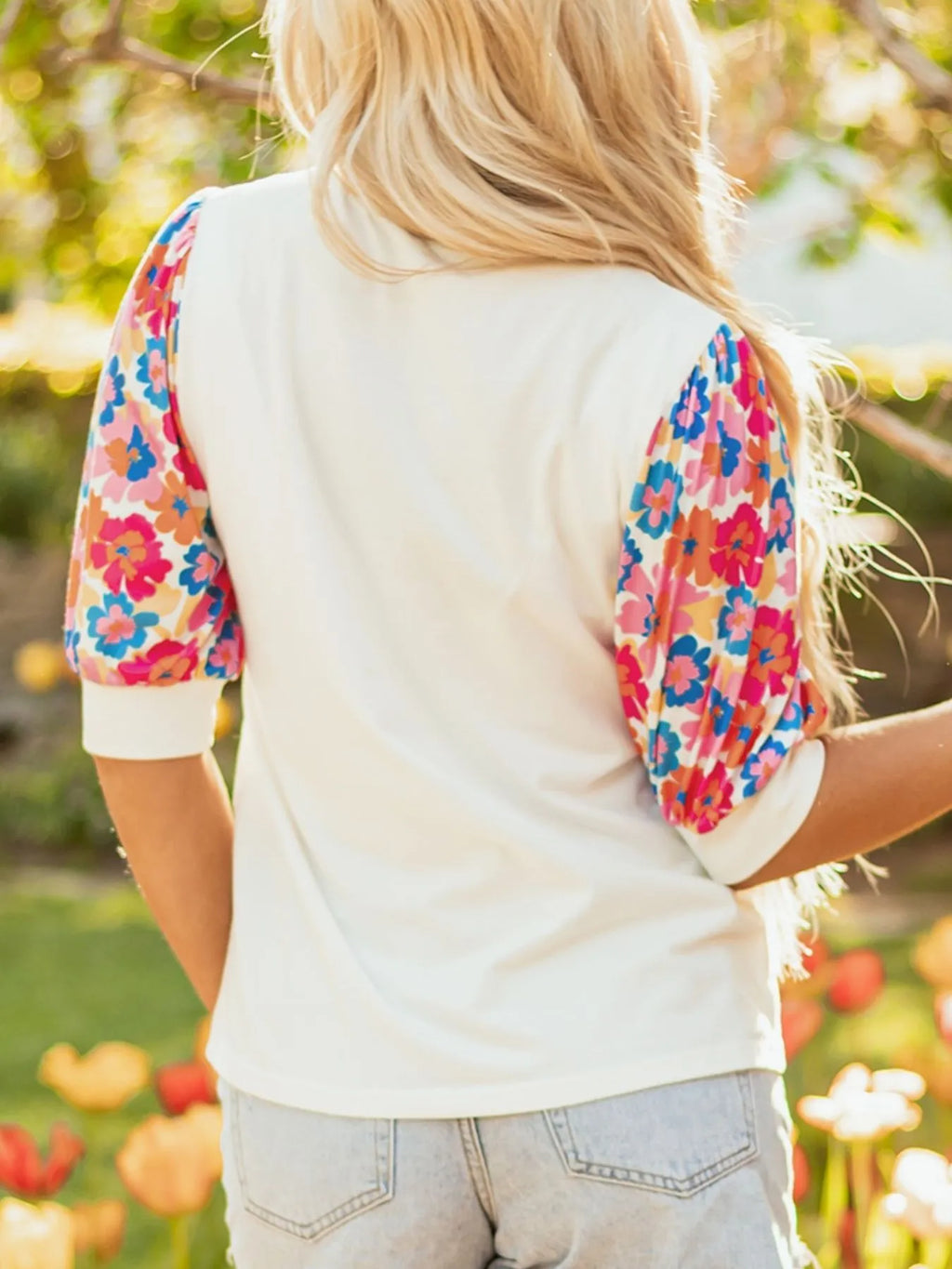 Floral Puff Sleeve Round Neck T-Shirt - Blushé Belle