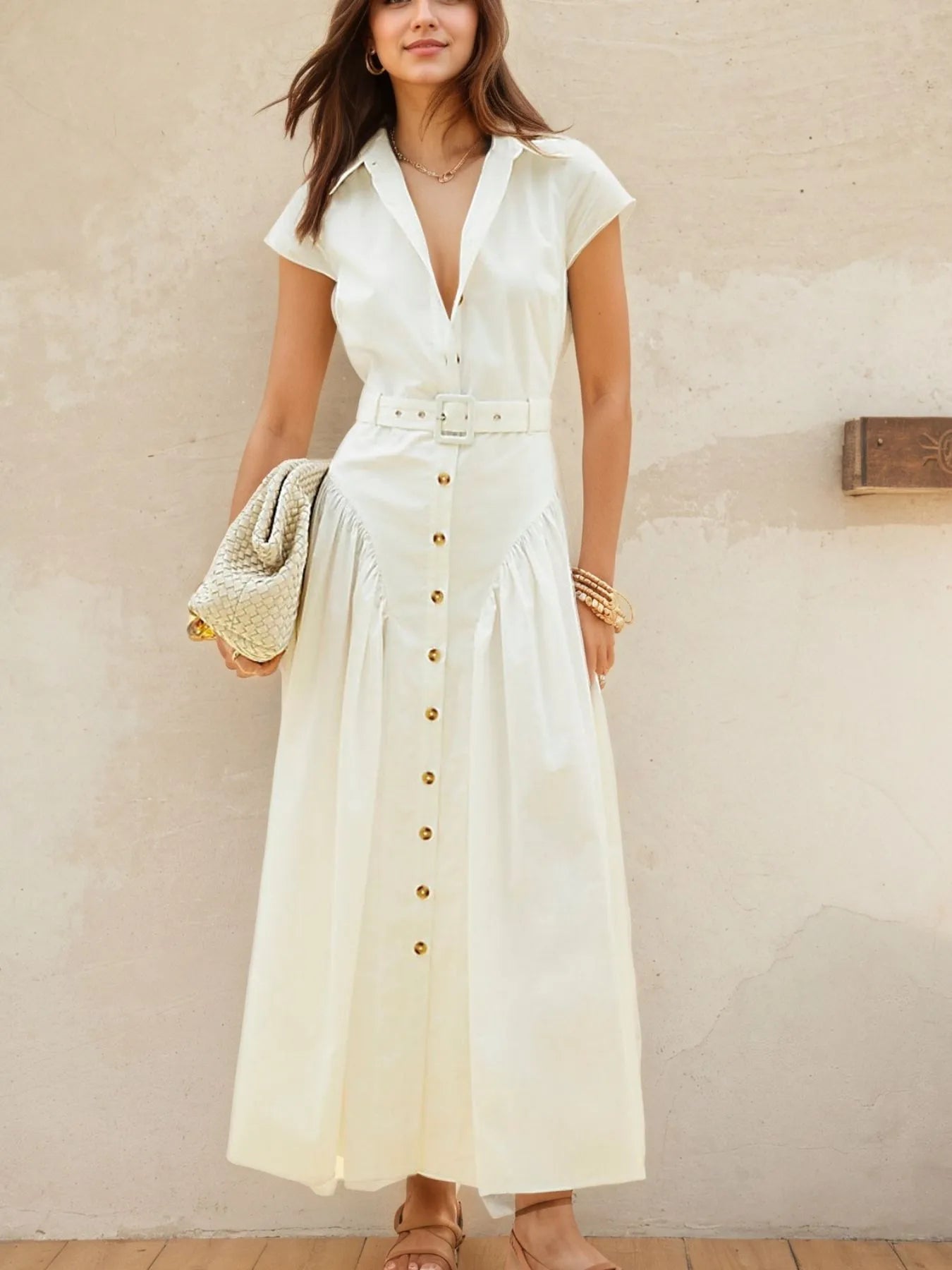 Button-Front Cap Sleeve Midi Shirt Dress - Blushé Belle