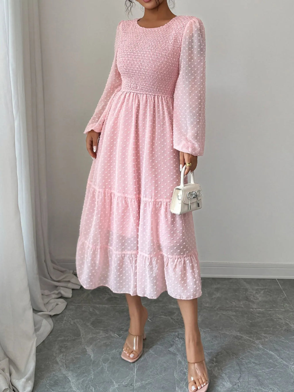 Polka Dot Long Sleeve Tiered Midi Dress - Blushé Belle