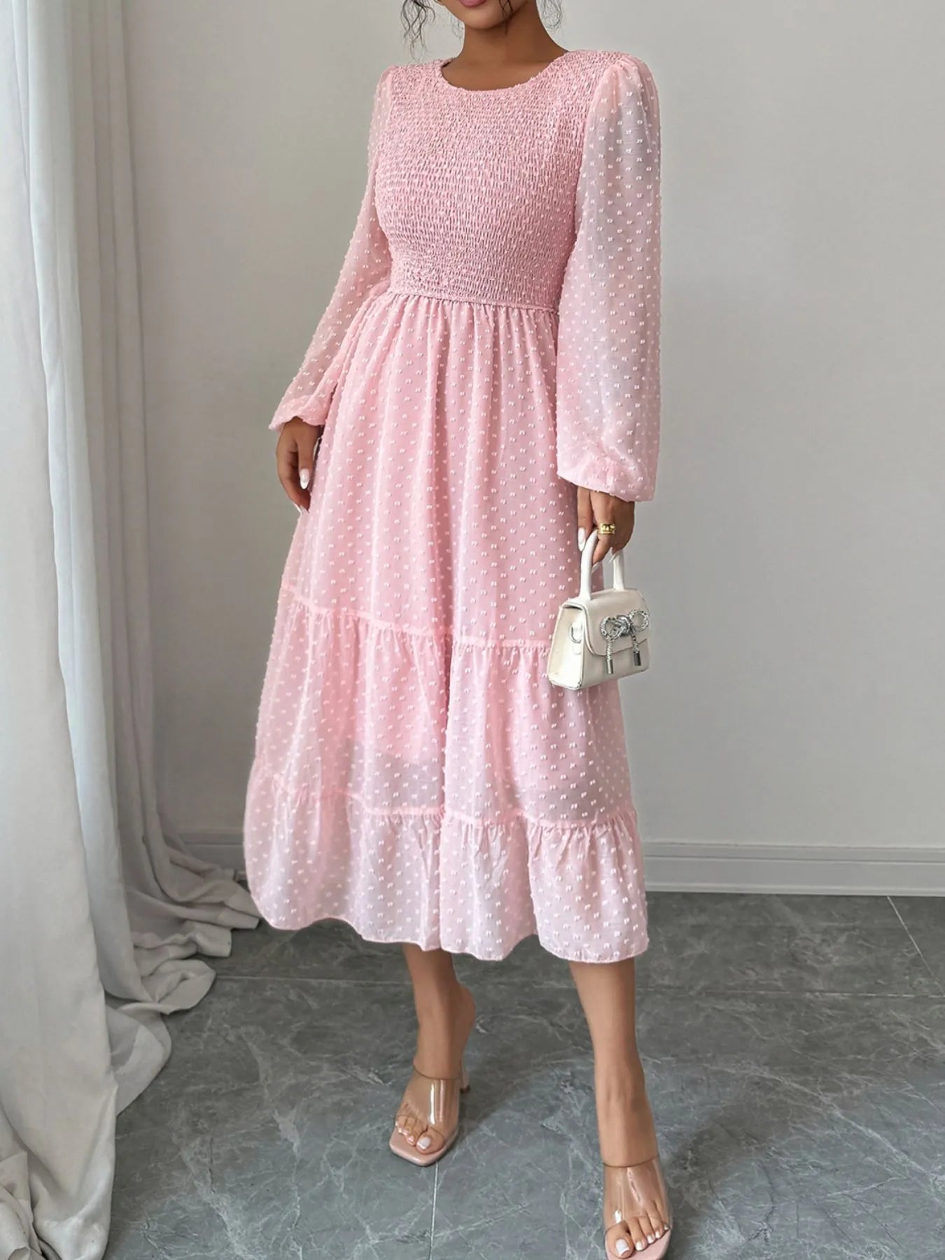 Polka Dot Long Sleeve Tiered Midi Dress - Blushé Belle