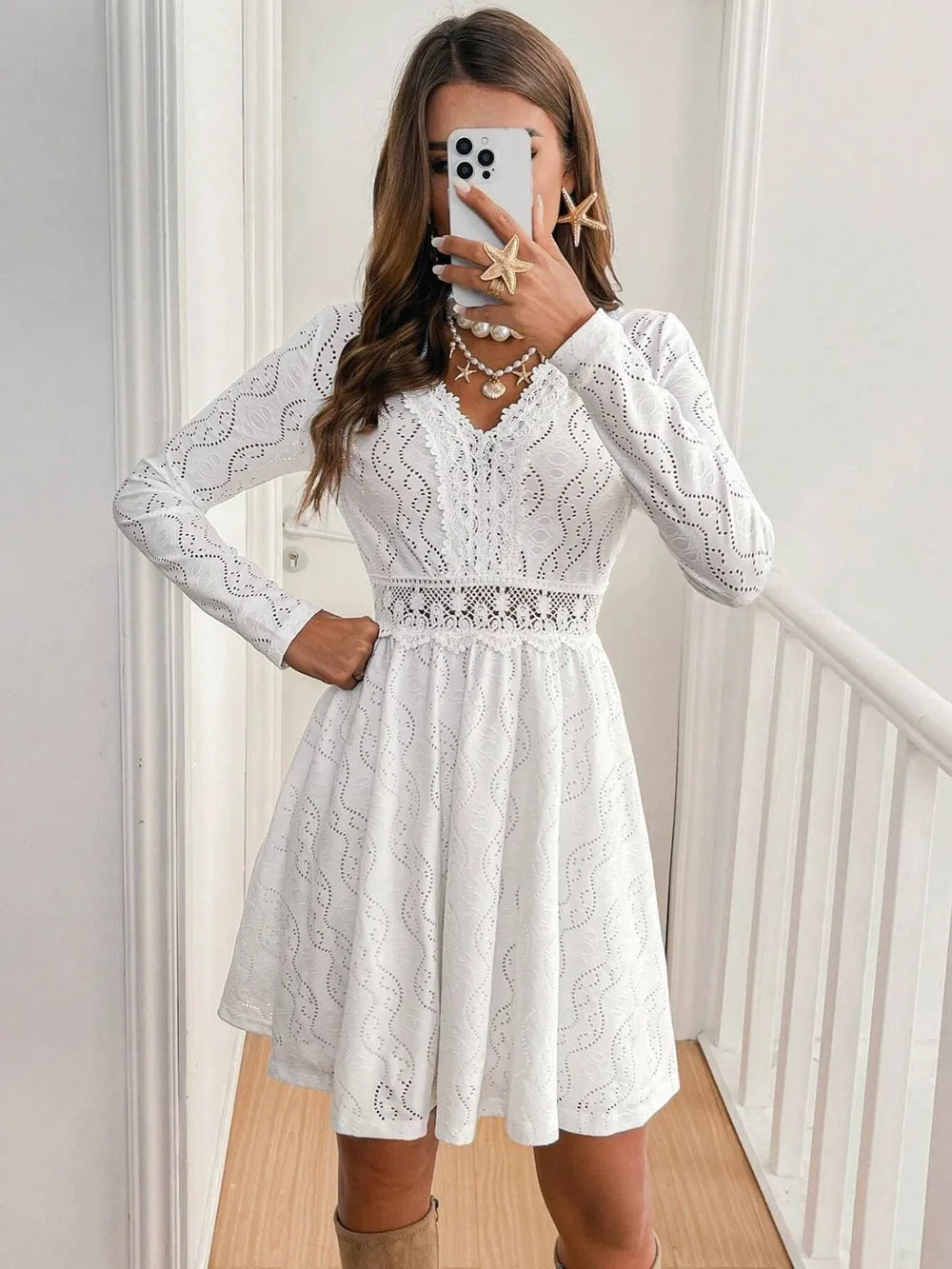 Lace Detail V Neck Long Sleeve Mini Dress - Blushé Belle