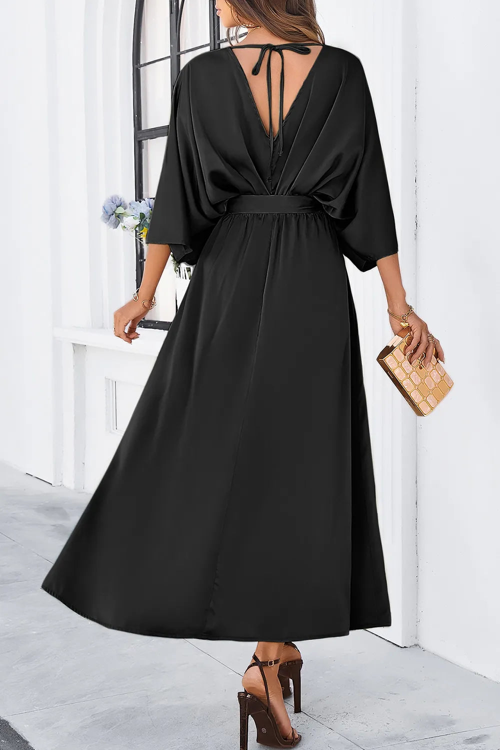 Devine Slit Tied V-Neck Three-Quarter Sleeve Dress - Blushé Belle
