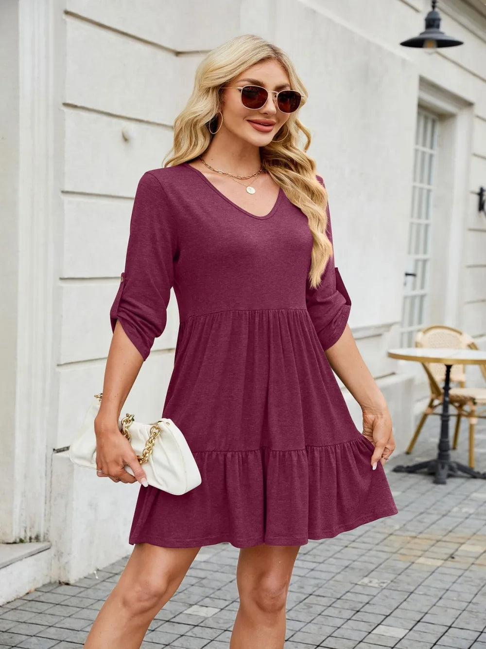 Tiered Ruched V-Neck Mini Dress - Blushé Belle
