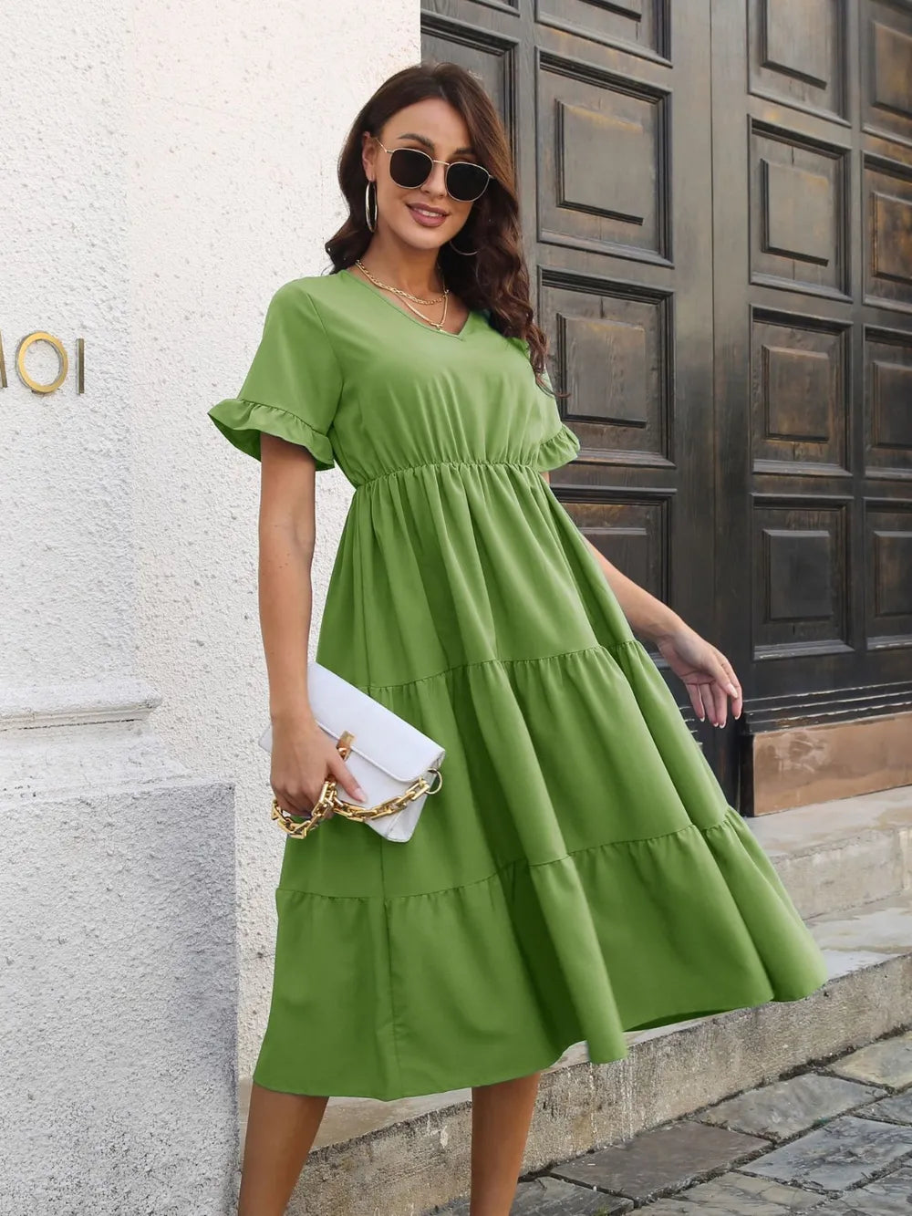 V-Neck Short Sleeve Midi Dress - Blushé Belle