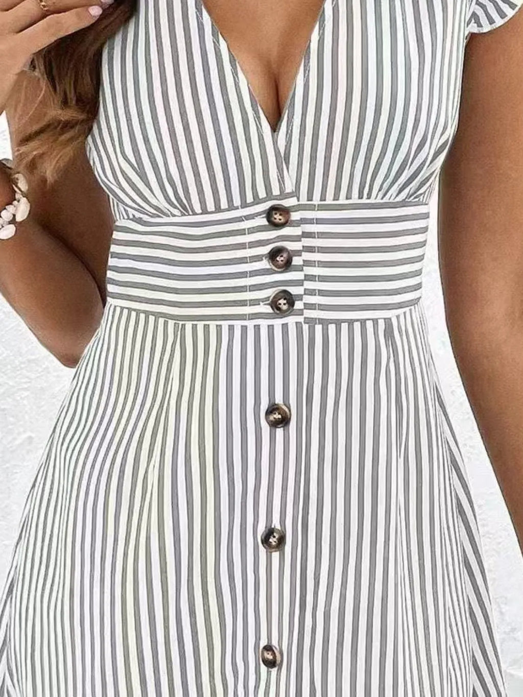 Striped Button Front Cap Sleeve Dress - Blushé Belle