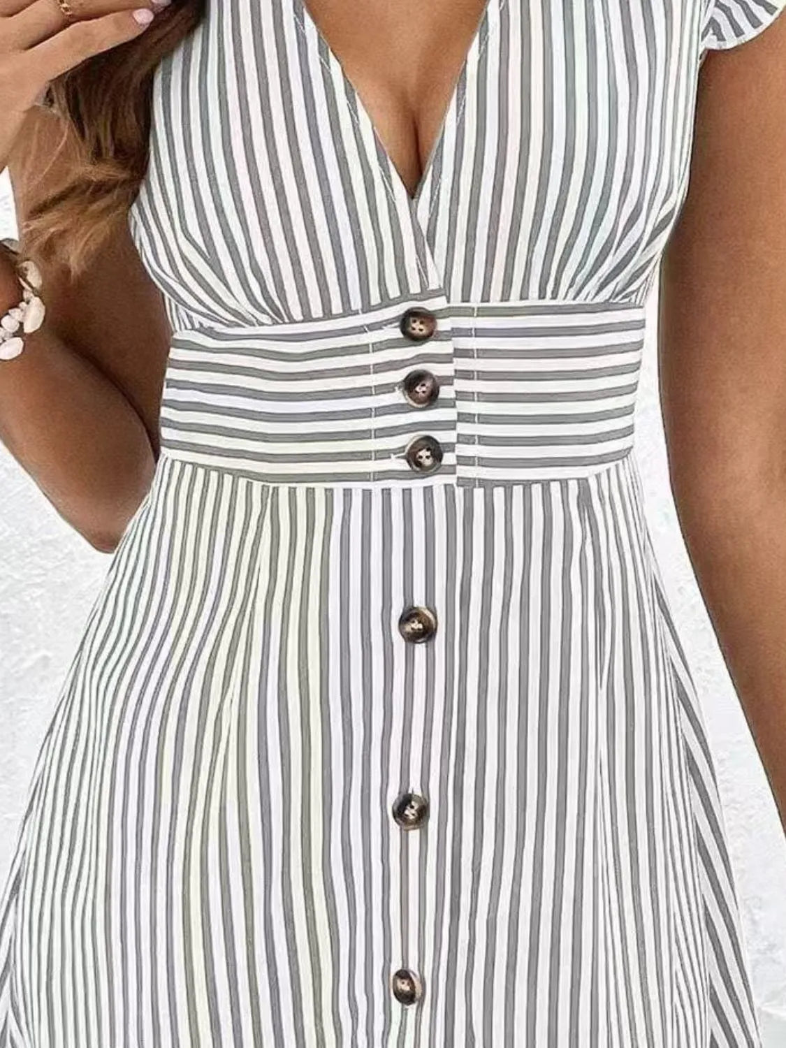 Striped Button Front Cap Sleeve Dress - Blushé Belle