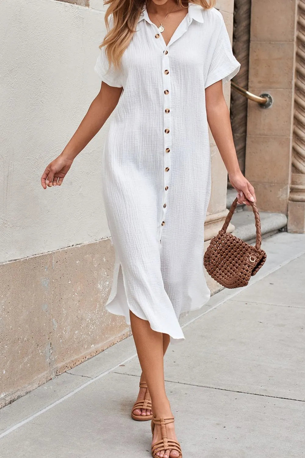 Button Down Short Sleeve Midi Shirt Dress - Blushé Belle