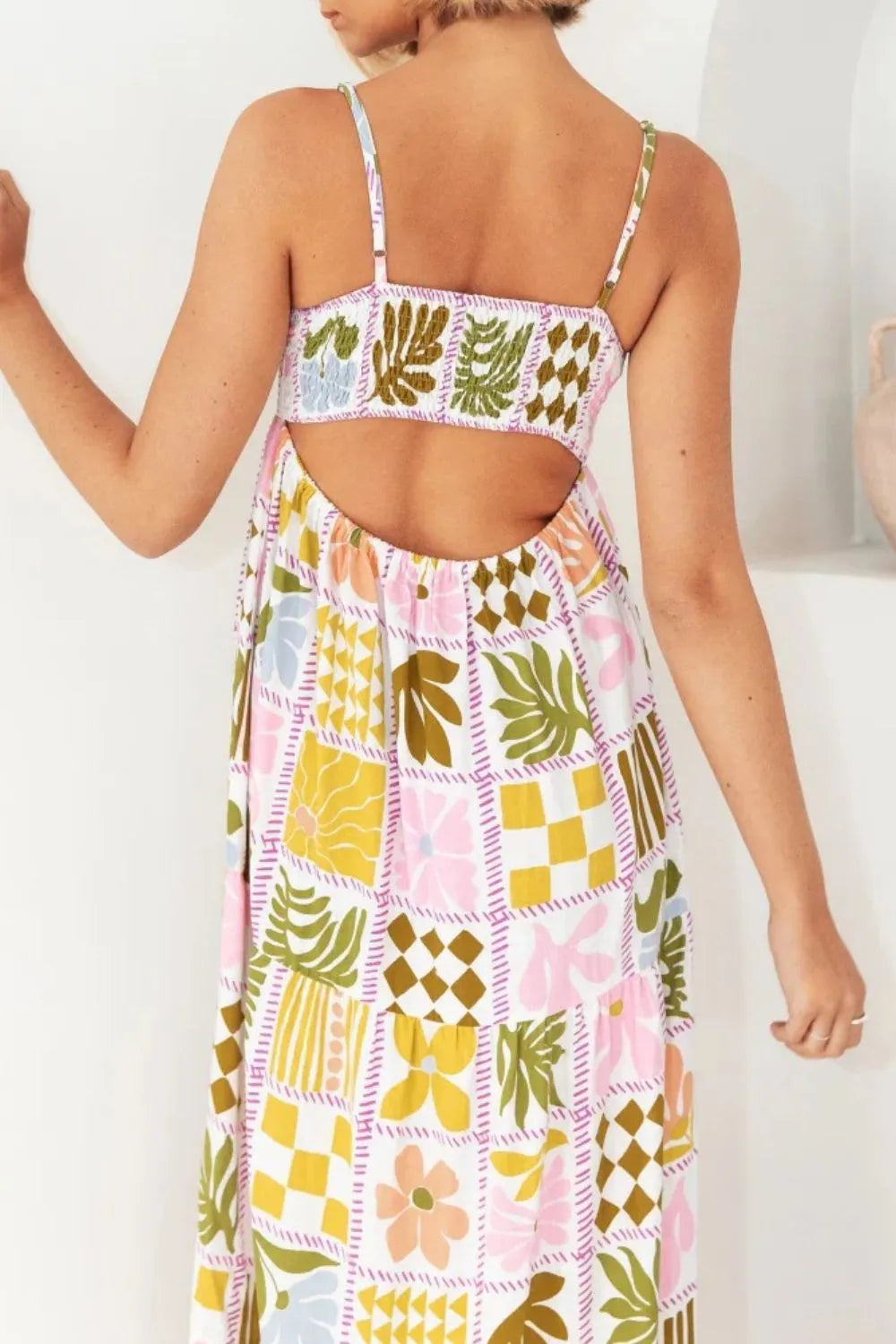 Cutout Back Printed Square Neck Maxi Cami Dress - Blushé Belle