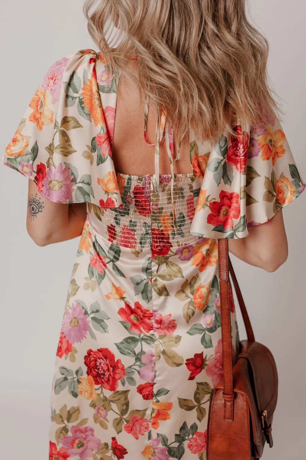 Floral Short Sleeve Tie Back Slit Dress - Blushé Belle