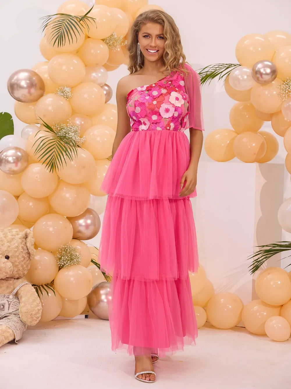 Embroidered Layered Single Shoulder Midi Dress - Blushé Belle