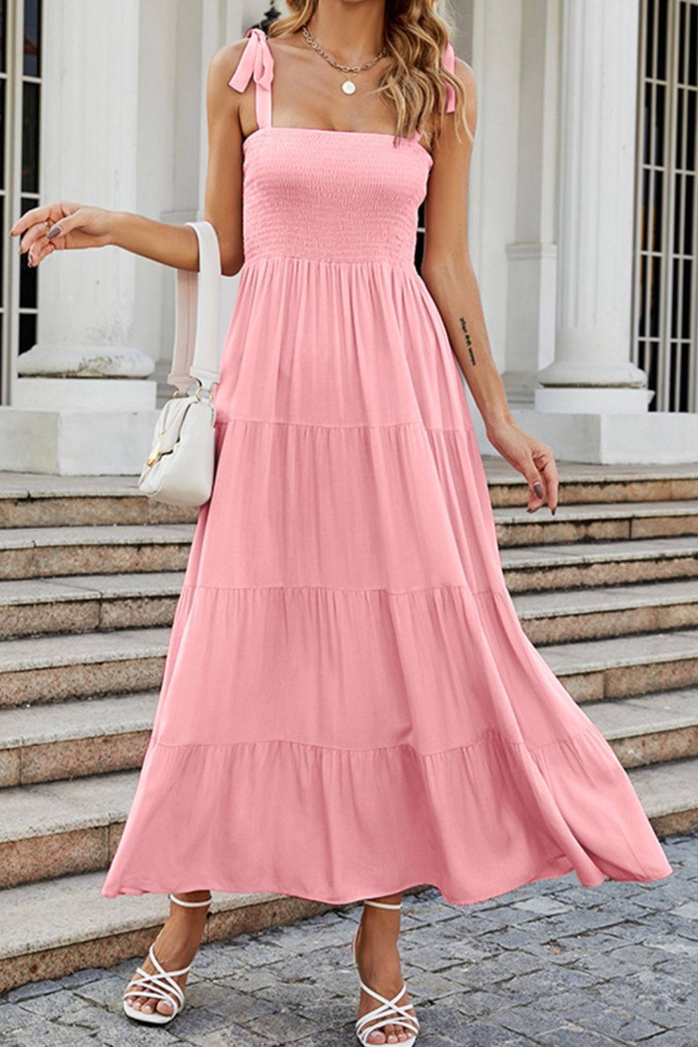 Tie-Shoulder Smocked Tiered Dress - Blushé Belle