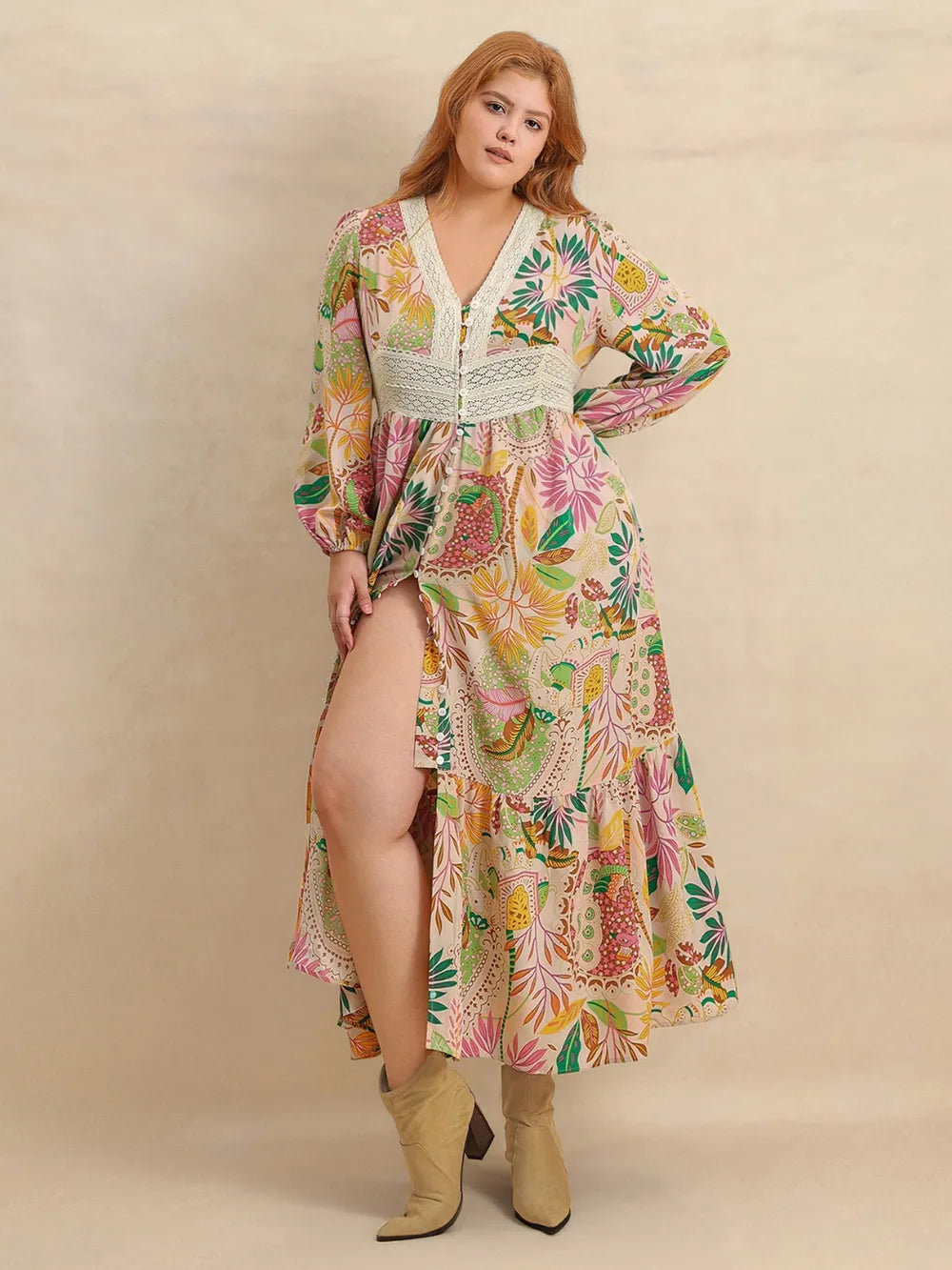 Plus Size Lace Detail Printed V-Neck Balloon Sleeve Dress - Blushé Belle