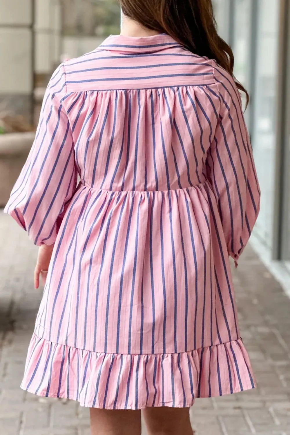Striped Collared Neck Long Sleeve Mini Shirt Dress - Blushé Belle