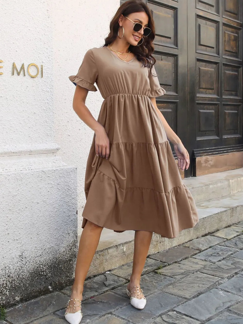 V-Neck Short Sleeve Midi Dress - Blushé Belle