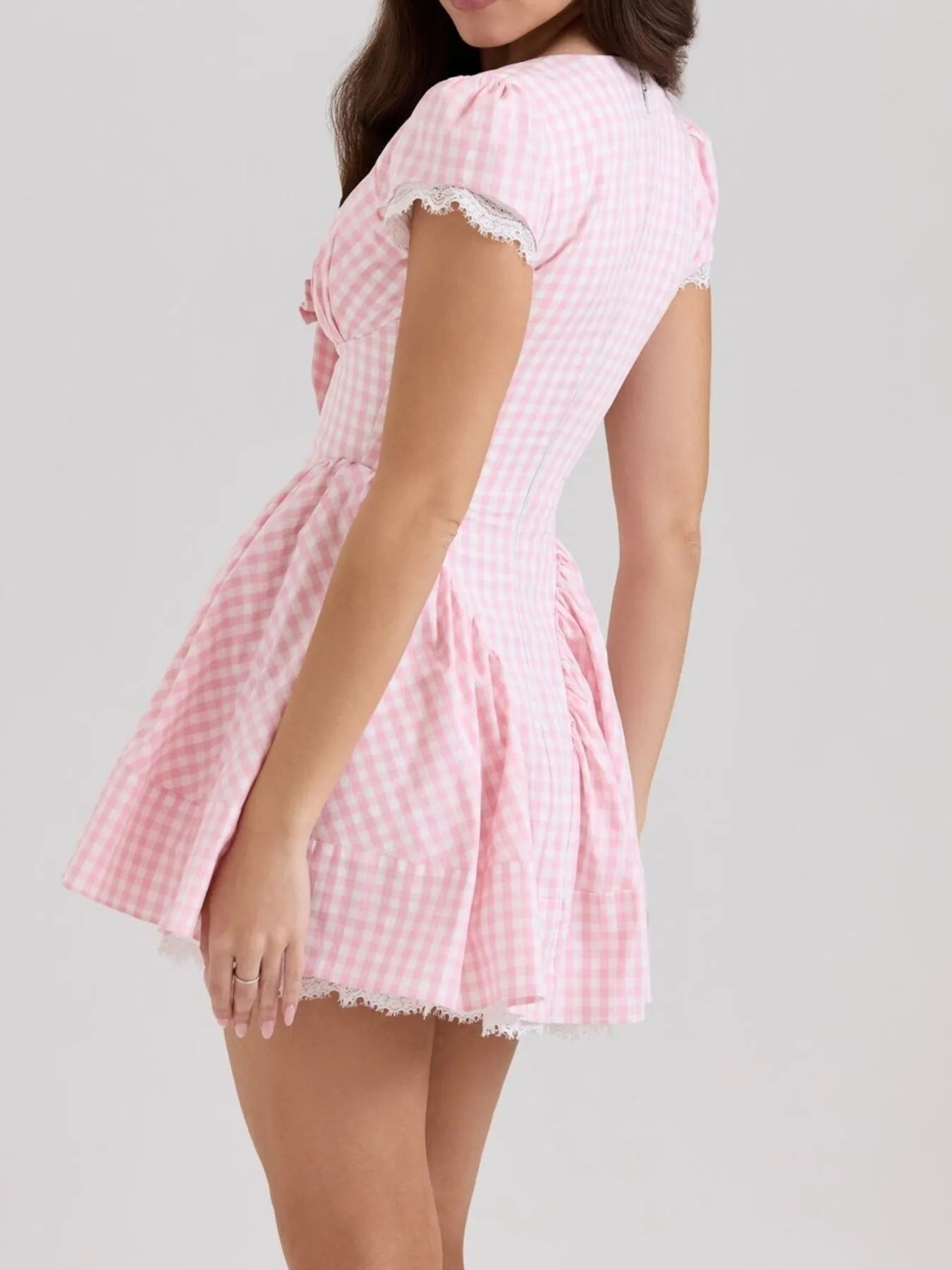 Gingham Ruffle Mini Dress with Lace Trim - Blushé Belle