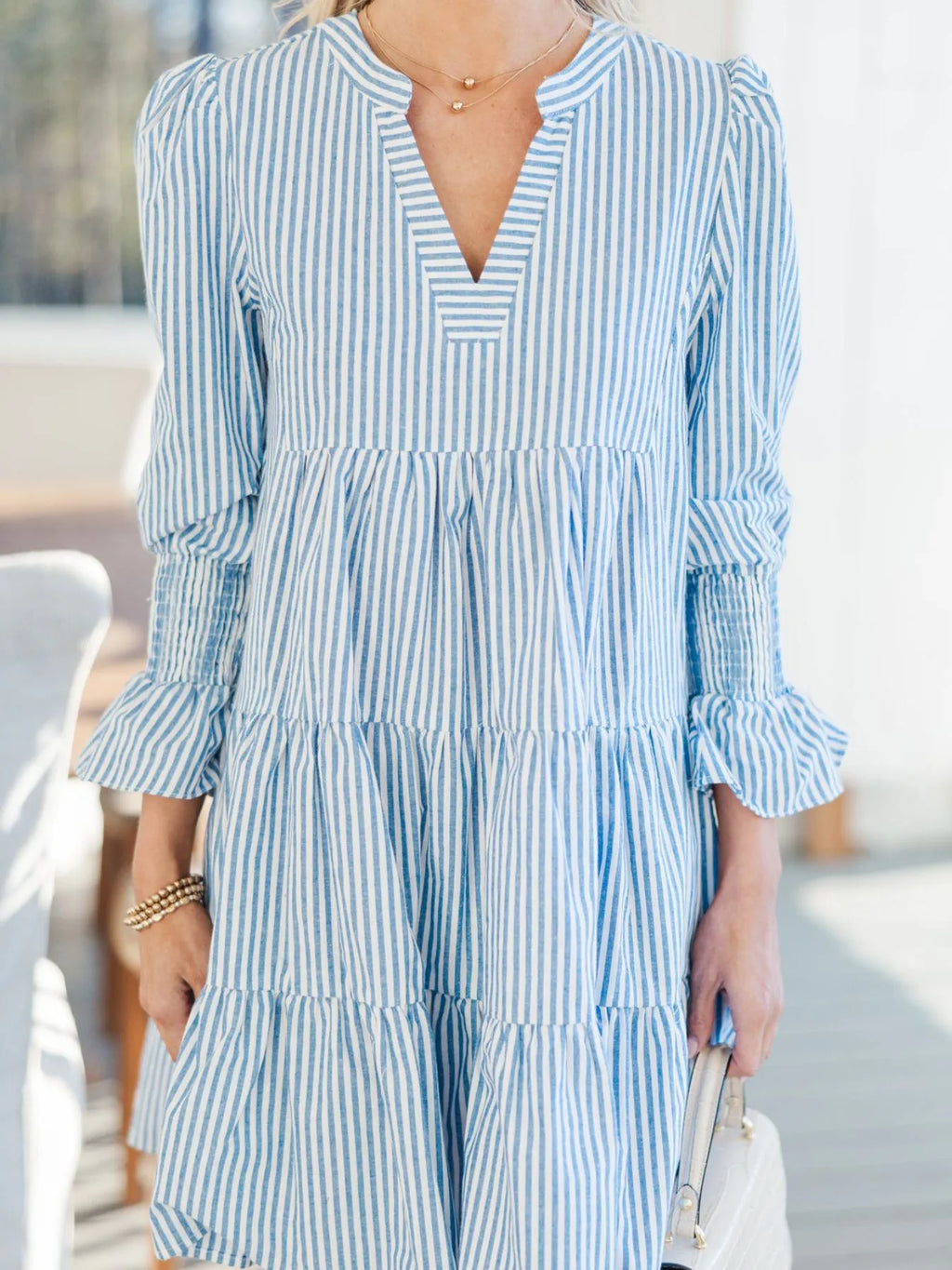 Striped Tiered Flounce Sleeve Shirt Dress - Blushé Belle