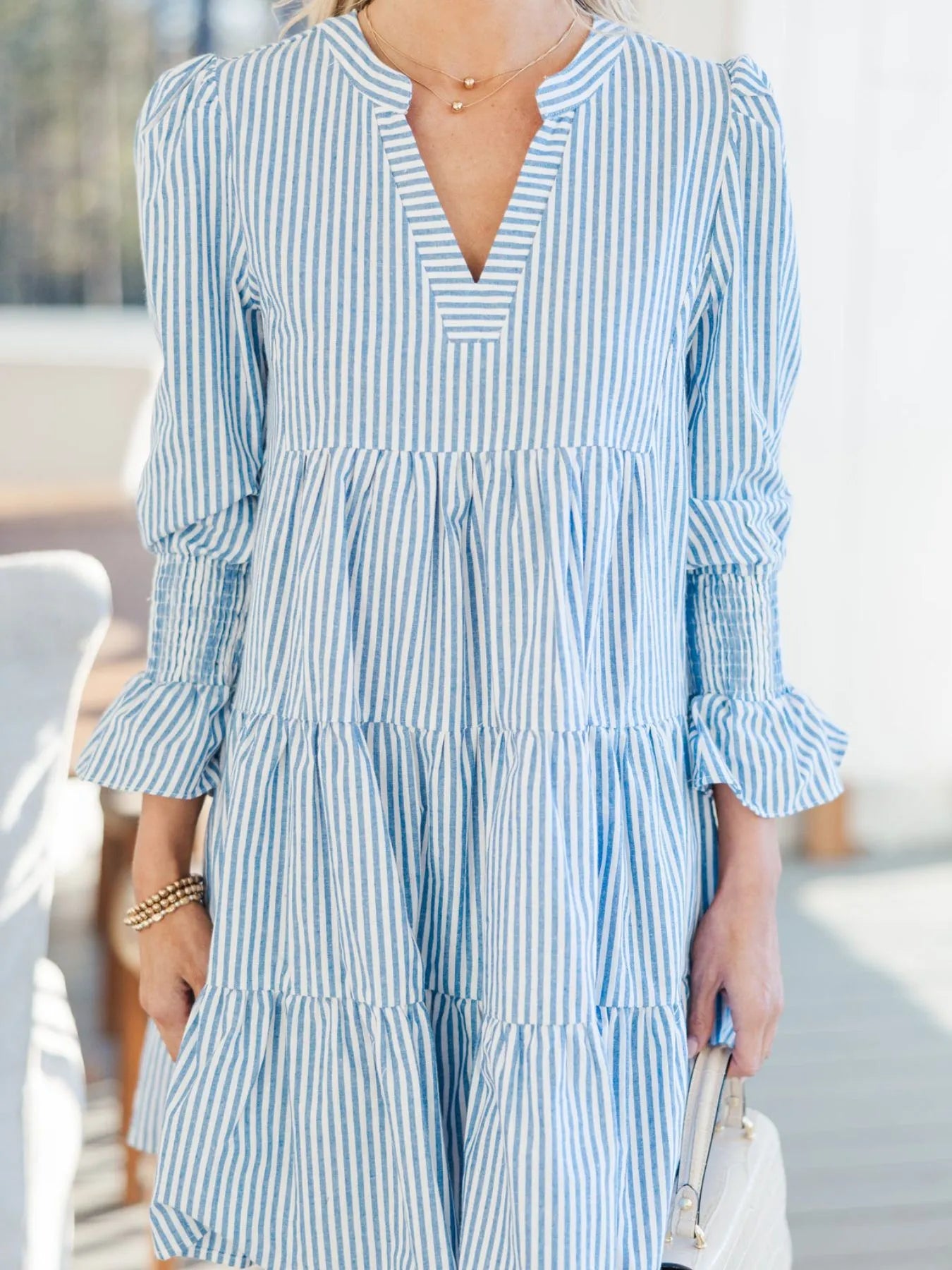 Striped Tiered Flounce Sleeve Shirt Dress - Blushé Belle