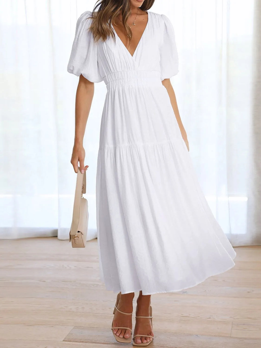 V-Neck Puff Sleeve Midi Dress - Blushé Belle