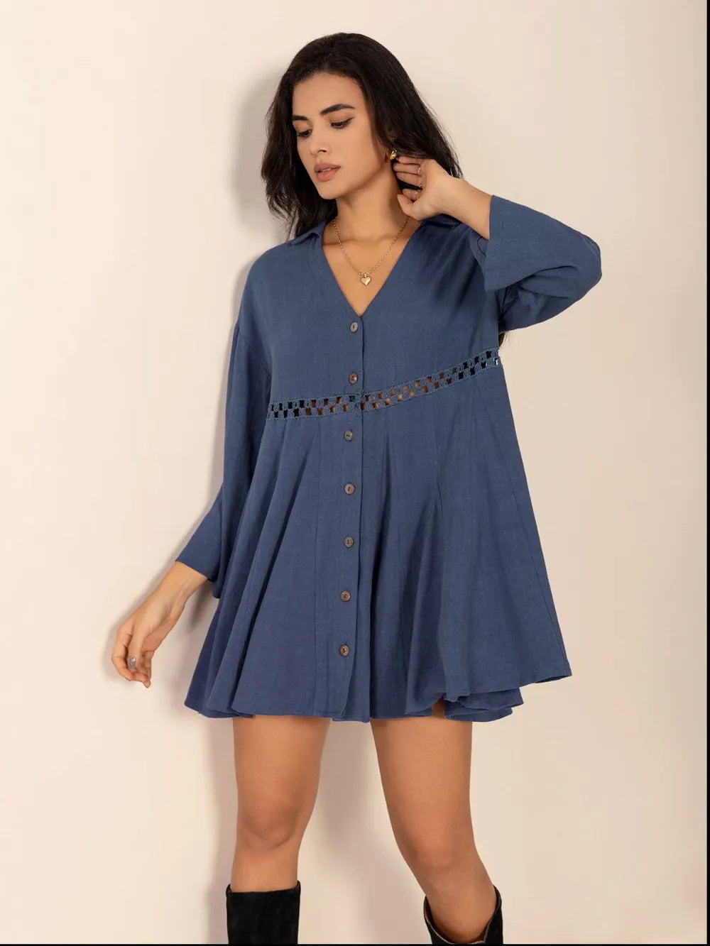 Cutout Johnny Collar Long Sleeve Mini Dress - Blushé Belle
