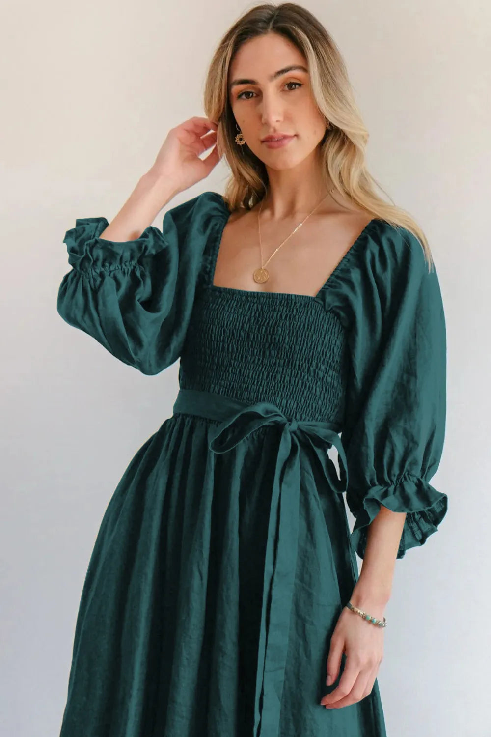 Smocked Tied Flounce Sleeve Midi Dress - Blushé Belle
