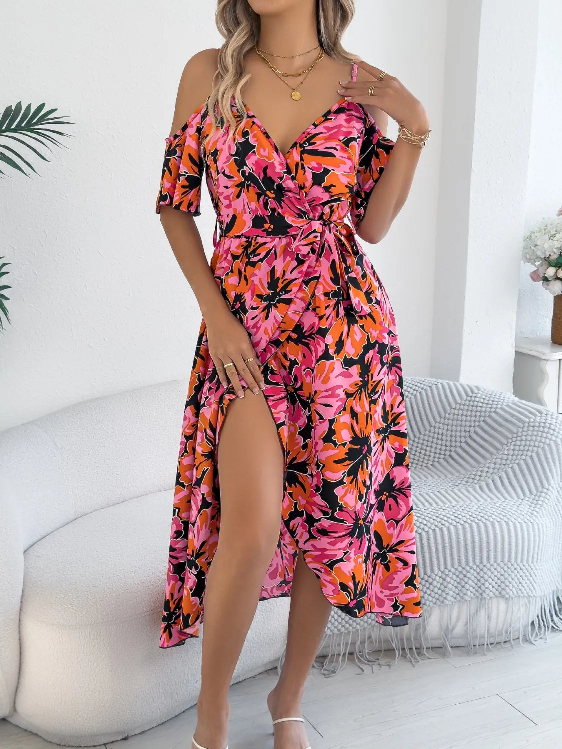 Printed Cold Shoulder Midi Cami Dress - Blushé Belle