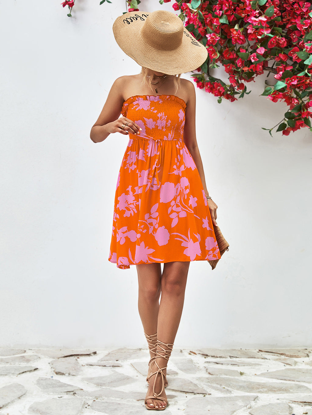 Floral Frill Trim Strapless Smocked Dress - Blushé Belle