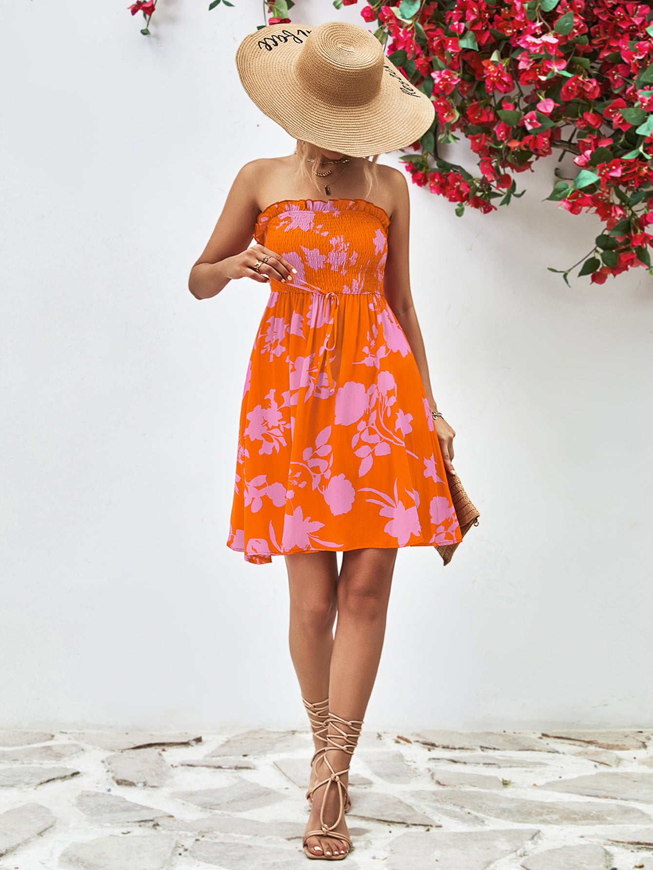 Floral Frill Trim Strapless Smocked Dress - Blushé Belle