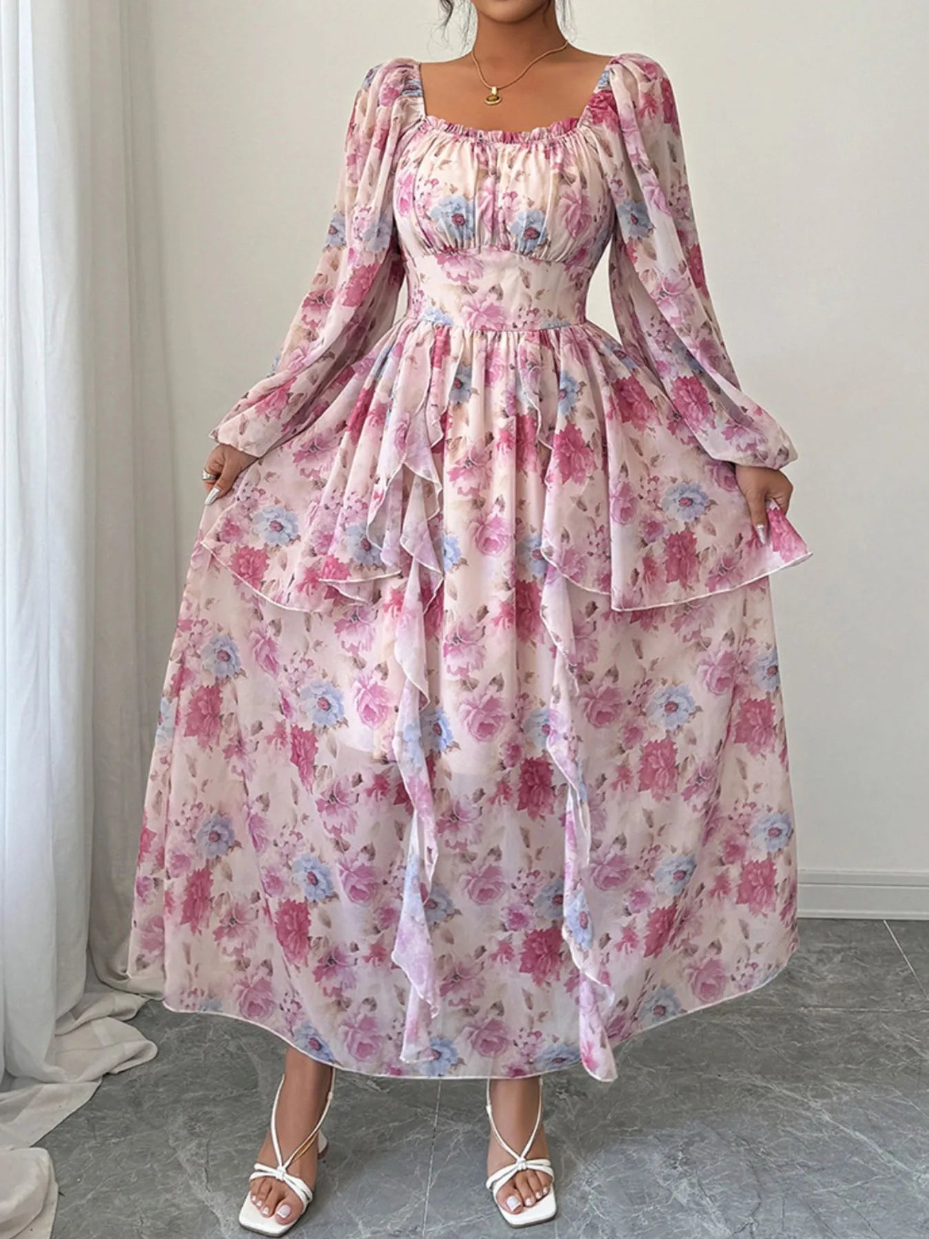 Ruffled Floral Print Balloon Sleeve Maxi Dress - Blushé Belle