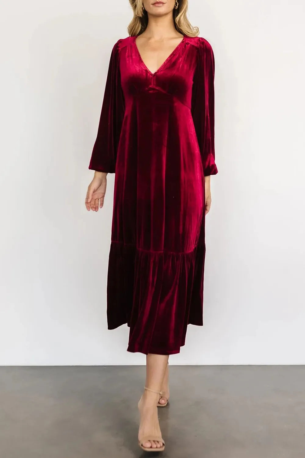 V-Neck Long Sleeve Midi Velvet Dress - Blushé Belle