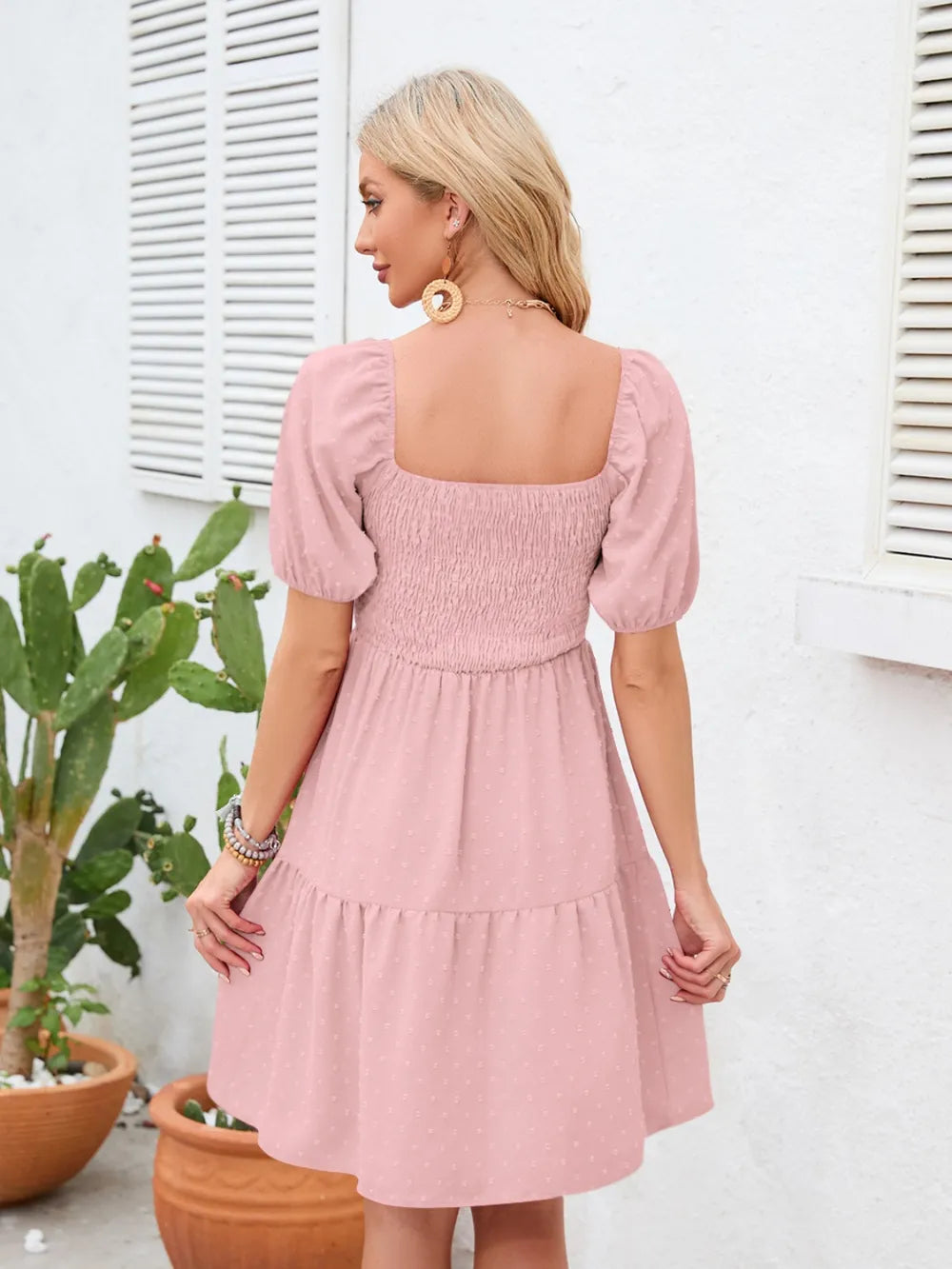 Swiss Dot Smocked Square Neck Dress - Blushé Belle