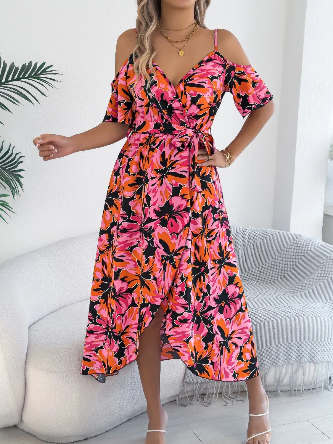 Printed Cold Shoulder Midi Cami Dress - Blushé Belle