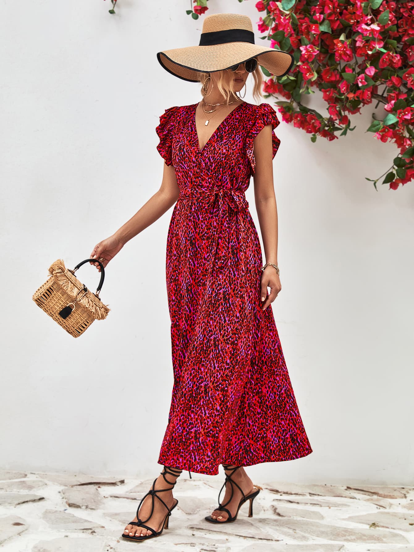 Printed Surplice Neck Flutter Sleeve Slit Dress - Blushé Belle