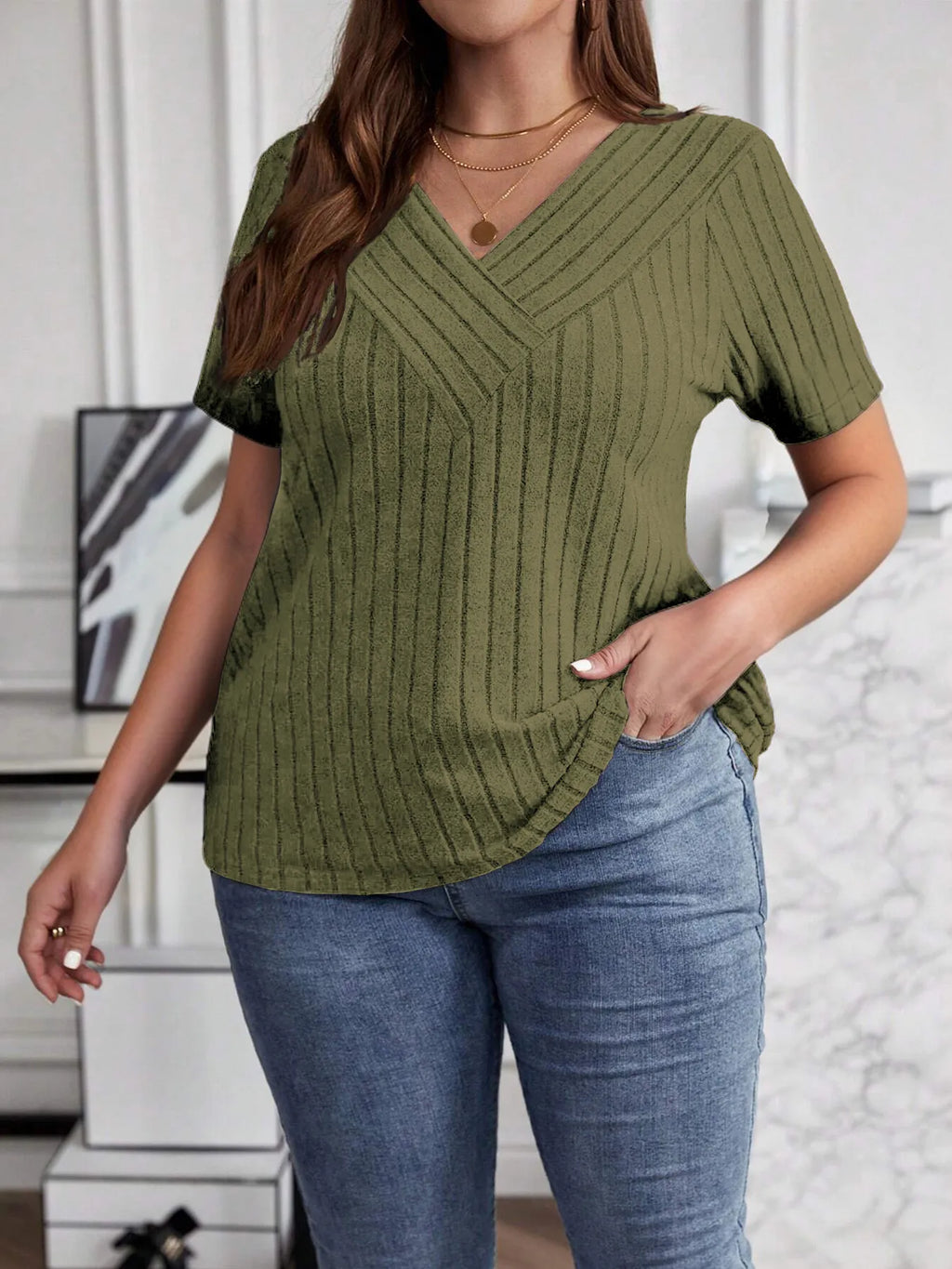 Plus Size V-Neck Short Sleeve Ribbed T-Shirt - Blushé Belle