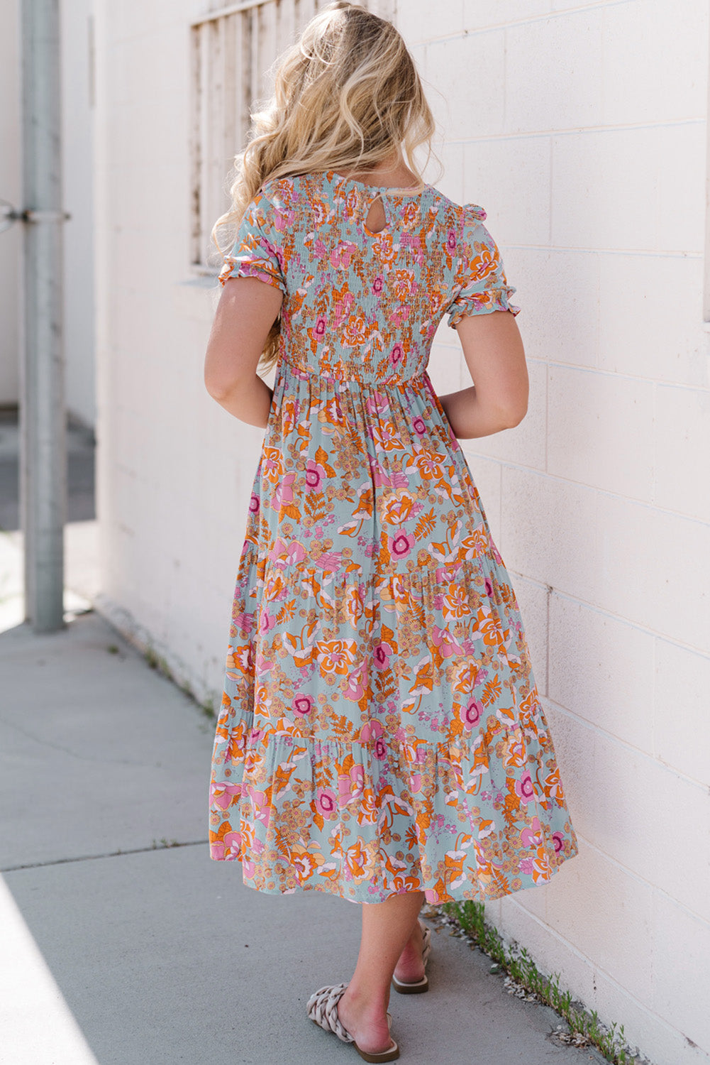 Floral Flounce Sleeve Round Neck Midi Dress - Blushé Belle