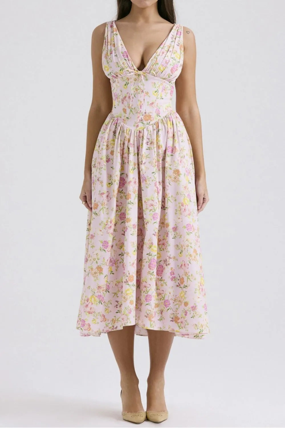 Floral V-Neck Sleeveless Midi Dress with Pockets - Blushé Belle