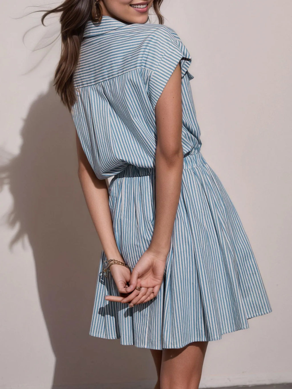 Hlaf Button Striped Cap Sleeve Mini Shirt Dress - Blushé Belle
