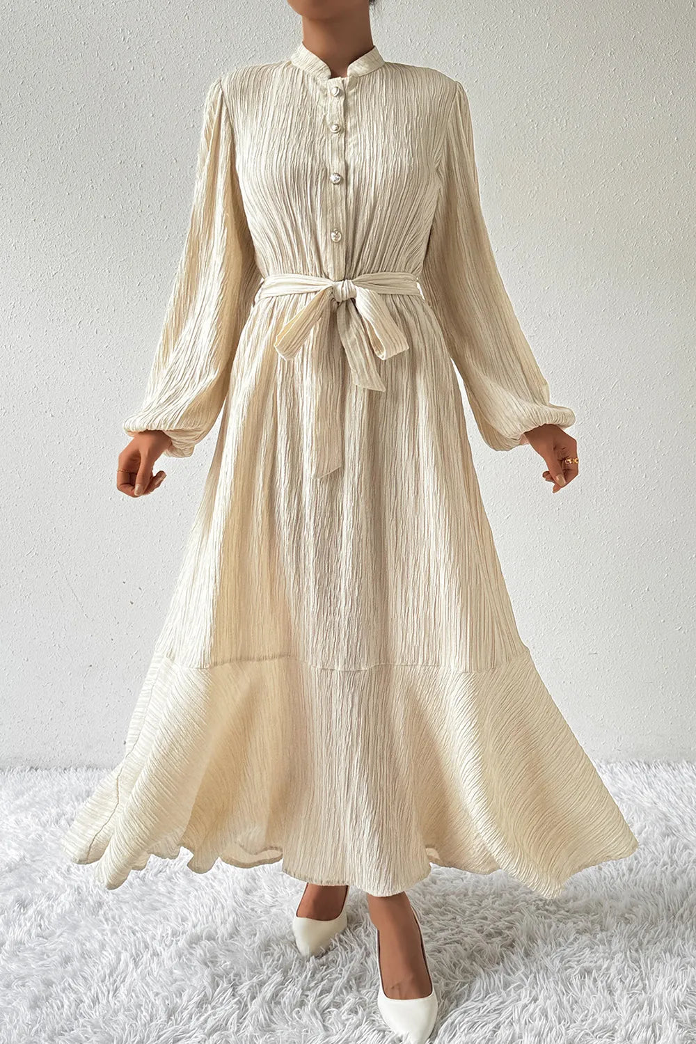Honey Tied Button Up Balloon Sleeve Dress - Blushé Belle