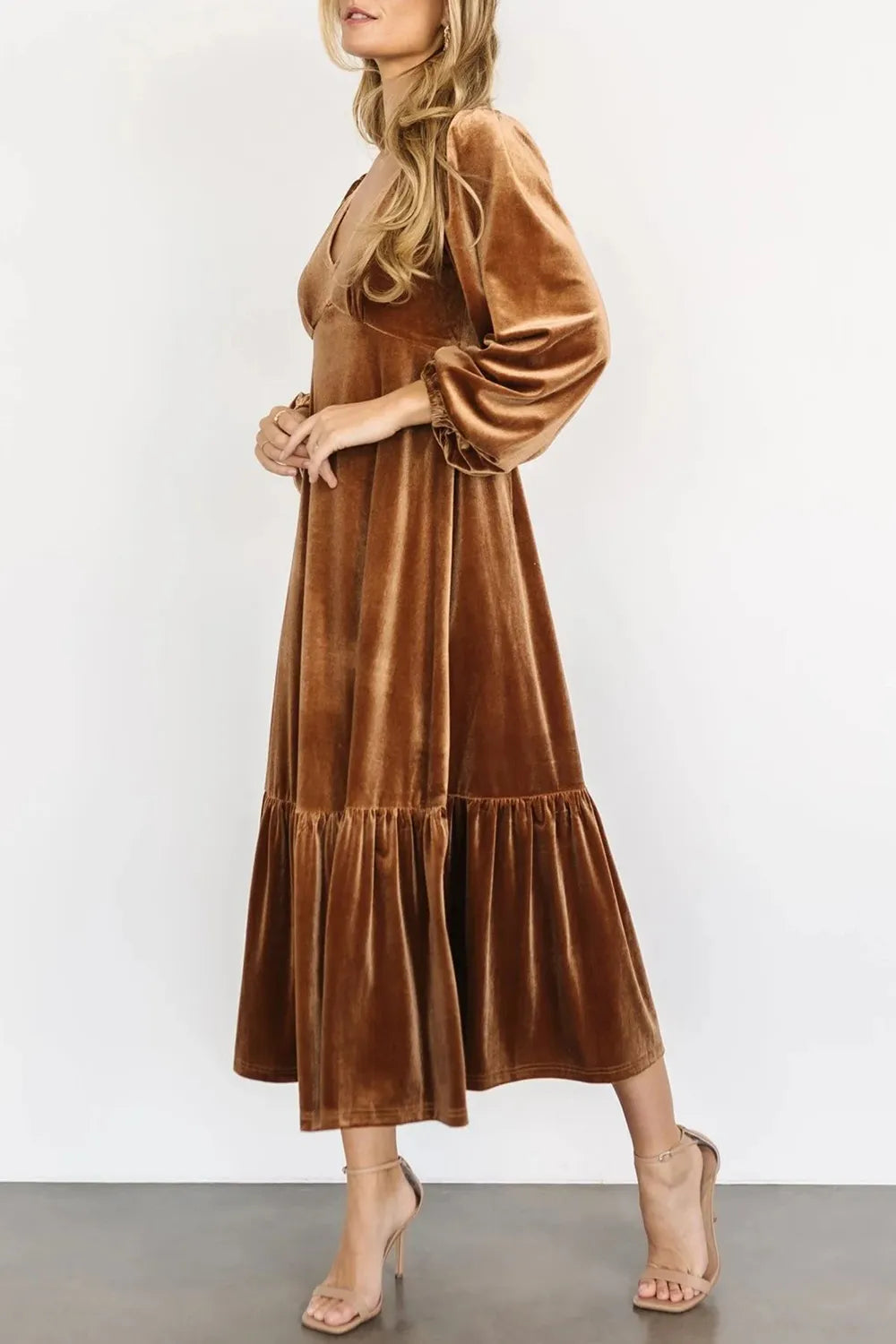 V-Neck Long Sleeve Midi Velvet Dress - Blushé Belle