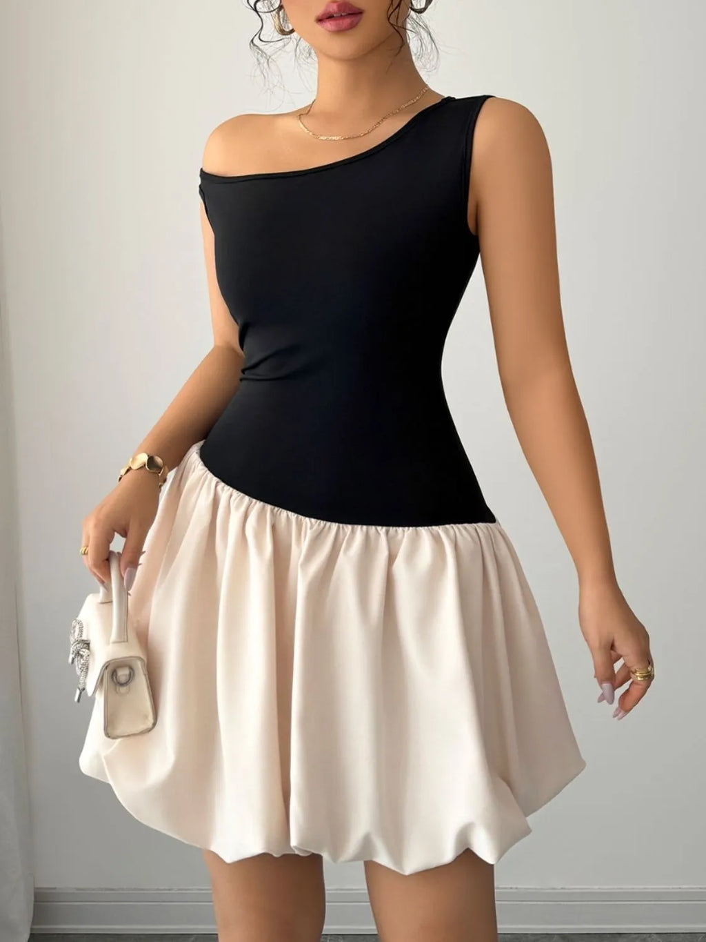 Contrast Single Shoulder Mini Tank Dress - Blushé Belle
