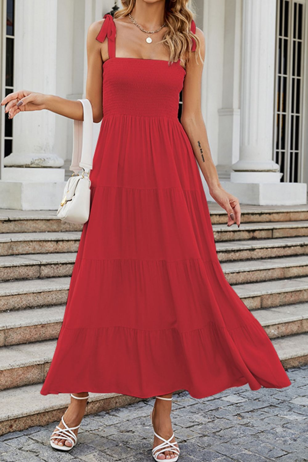 Tie-Shoulder Smocked Tiered Dress - Blushé Belle
