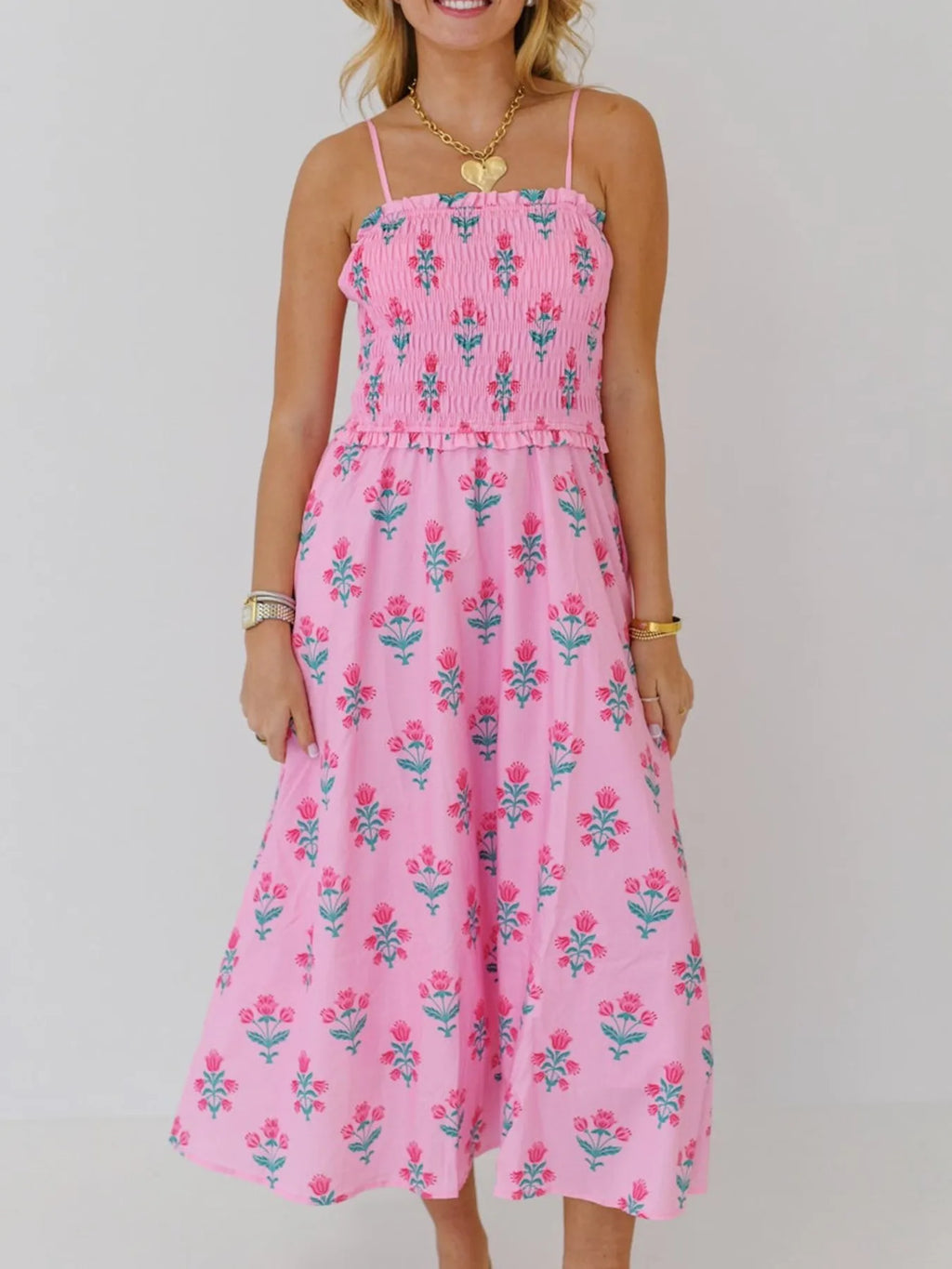 Floral Smocked Adjustable Strap Midi Cami Dress - Blushé Belle