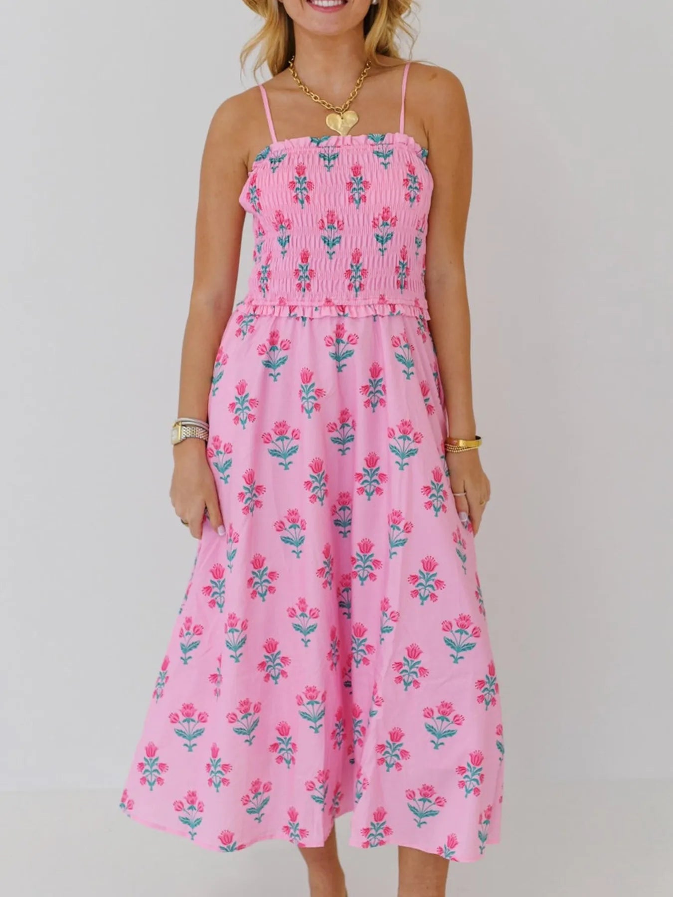 Floral Smocked Adjustable Strap Midi Cami Dress - Blushé Belle