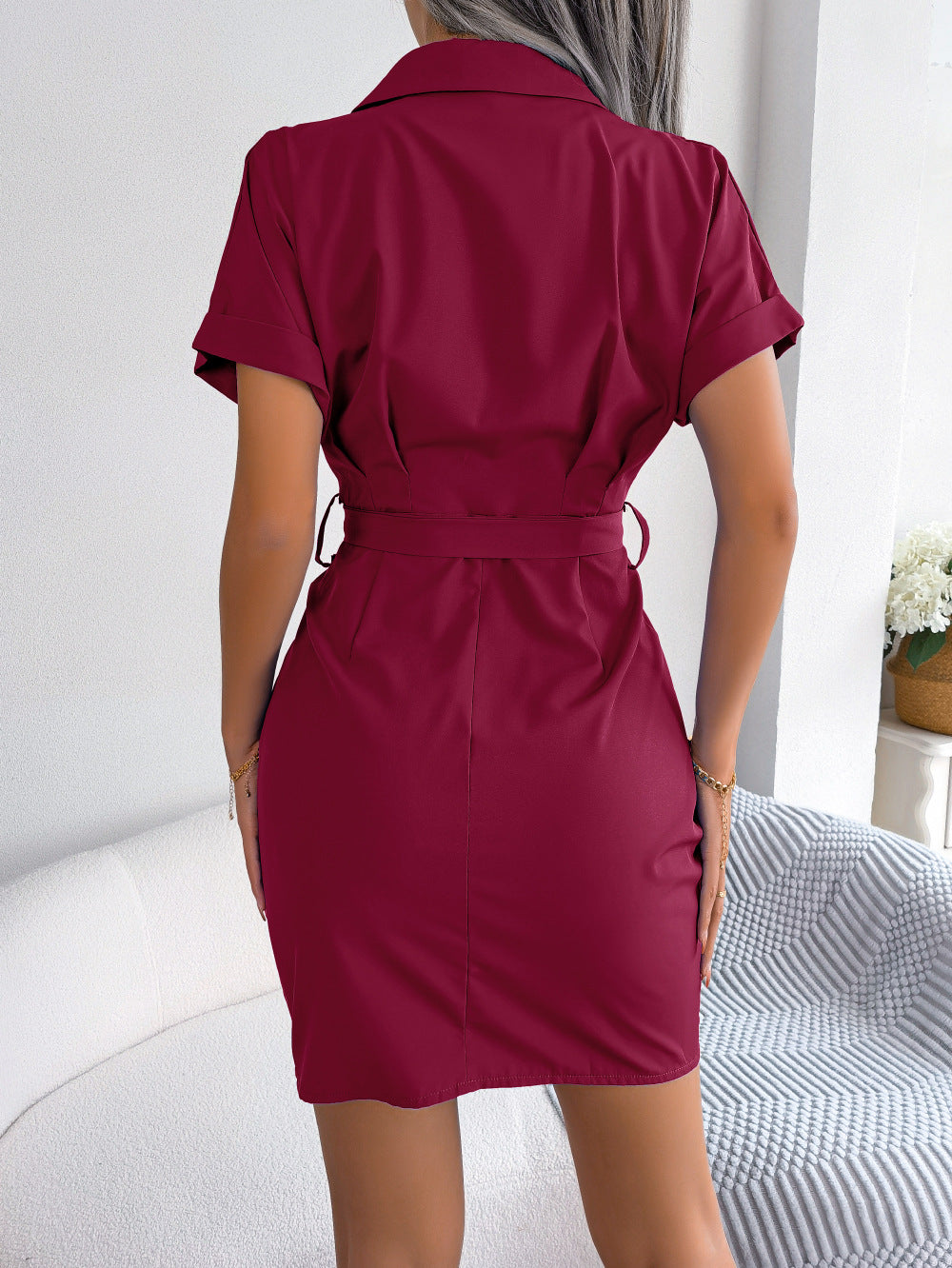 Button Down Ruched Tie Belt Dress - Blushé Belle