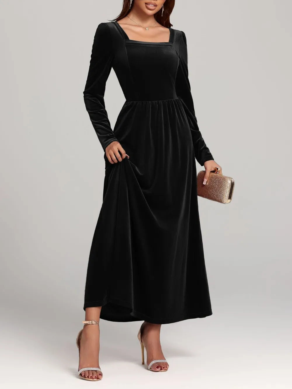 Velvet Square Neck Long Sleeve Dress - Blushé Belle